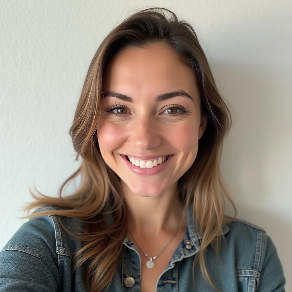 Portrait of a smiling woman with wavy brown hair in a denim jacket